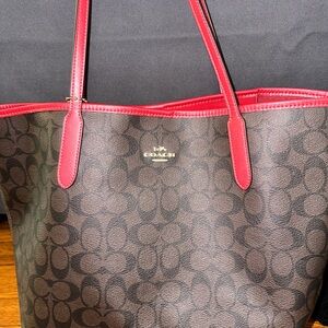 Coach Brown and Red Tote Bag with Signature Design